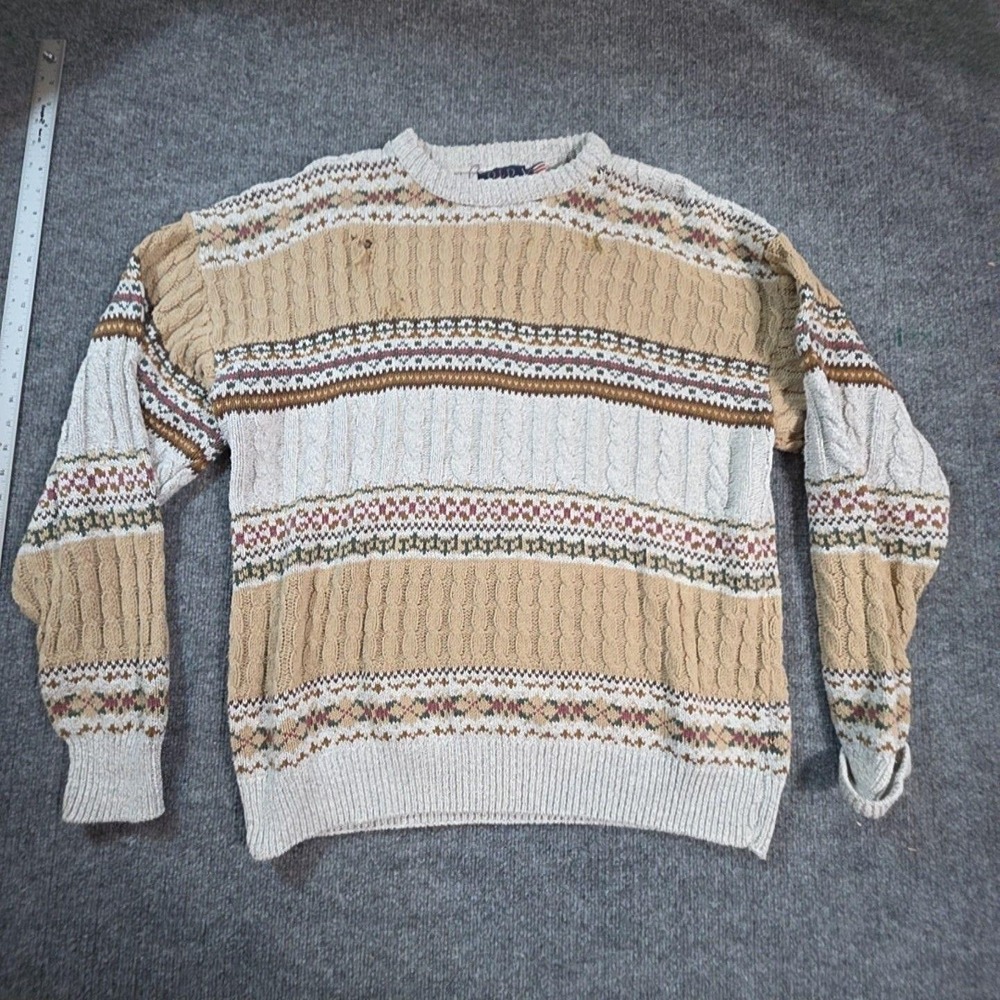 Vintage Old Glory Mens Large Beige Fair Isle Cotton Knit Crewneck Sweater USA